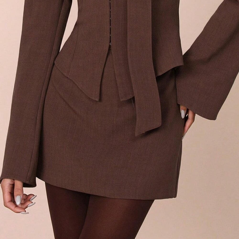 brown Casual Women's Long Sleeve Top And Skirt coord Set - Picture 8 of 8